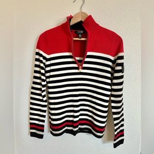 Ralph Lauren Quarter Zip Striped Red Black White Knit Sweater Size Small